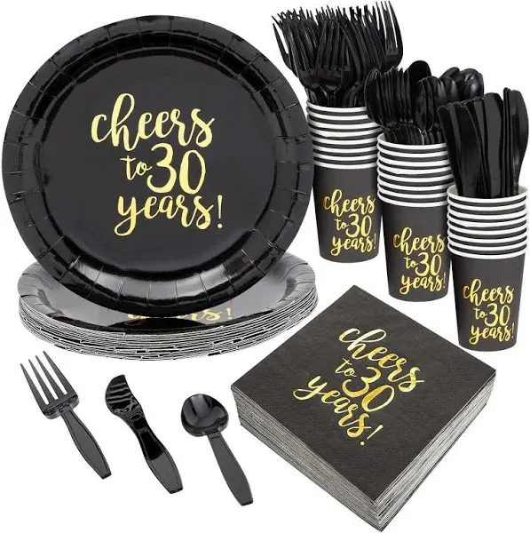 Juvale 144-Piece Cheers to 30 Years Plates, Napkins, Cutlery, and Cups for Black and Gold 30th Birthday Party Supplies, Anniversary Decorations (Serves 24)