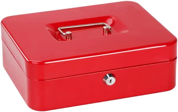 Jssmst Cash Box with Money Tray and Lock - Red Cash Box with Key Lock Safe Money Box with Cash Tray, Money Saving Box Lock Box for Money, 9.84'' x 7.87'' x 2.6'', SM-CB00125RD