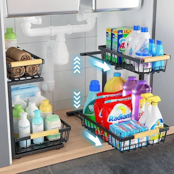 Under Sink Organizer, 2 Tier Under Sink Organizers And Storage Metal Slide Out Pull Out Cabinet Organizer Sliding Drawer Organizer