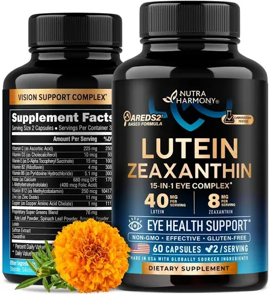 Lutein 40mg &amp; Zeaxanthin 8mg Supplement - Eye Vitamins AREDS 2 Based Complex ...