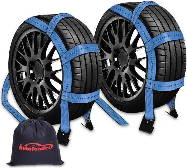 2Pc Tow Dolly Basket Straps with Flat Hook for 14"-17" Tires -10,000 lbs Breaking Strength Tire Bonnet&Tire Net -2” Over Wheel Car Basket Tie Down Straps with Carrying Bag（Blue）