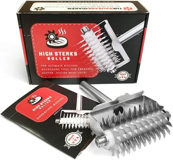 The Sausage Maker - High Steaks Roller Meat Tenderizer Tool (Manual) Razor Sharp Stainless-Steel Rollers for Optimal Tissue Penetration on Thick, Tender Red Cuts | No Hammer or Mallet Needed