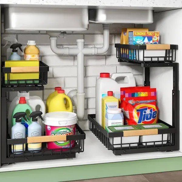 Under Sink Organizer, 2 Tier Under Sink Organizers And Storage Metal Slide Out Pull Out Cabinet Organizer Sliding Drawer Organizer