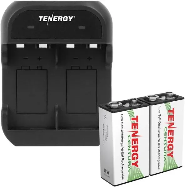 Tenergy TN141 2-Bay 9V Smart Charger + 2 Pcs Centura Low Self-Discharge 9V 200mAh NiMH Rechargeable Batteries, White