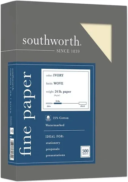 Southworth® 25% Cotton Business Paper, 95 Bright, 24 lb, 8.5 x 11, White, 500/Ream (SOU404C)