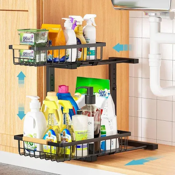 Under Sink Organizer, 2 Tier Under Sink Organizers And Storage Metal Slide Out Pull Out Cabinet Organizer Sliding Drawer Organizer