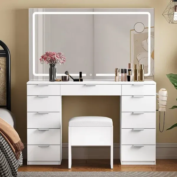 YITAHOME Makeup Vanity with LED Illuminated Mirror, Power Outlet, 46'' Vanity Desk Set,