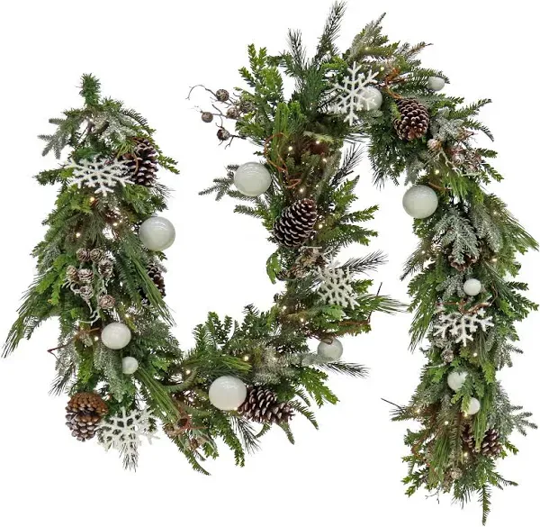 Pre Lit Artificial Garland, Alpine, Green, Decorated with White Ball Ornaments, 