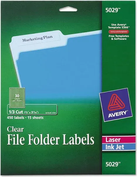 Filing Labels, Laser/Inkjet, 2/3&#034;x3-7/16&#034;, 450/PK, Clear