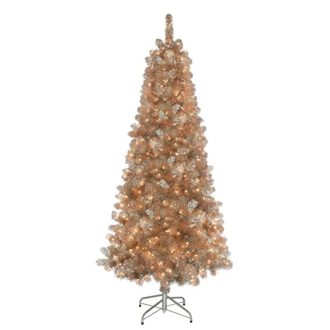 6.5 Foot Pre-Lit Rose Gold Tinsel Artificial Christmas Tree with 300 Clear Light