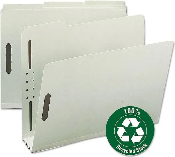 Smead 100% Recycled Pressboard Fastener File Folder, 1/3-Cut Tab, 2 Exp, Letter Size, Blue, 25/Box