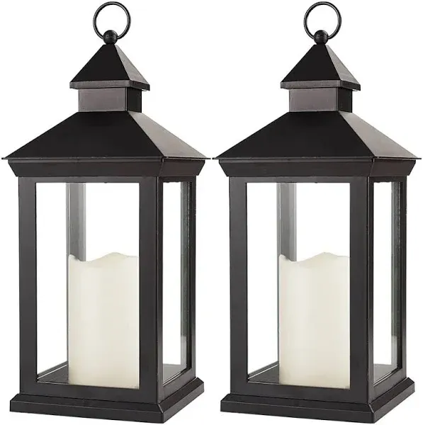 2-Pack 14&#034; Decorative Candle Lantern Black Outdoor Lanterns with Timer Candle...