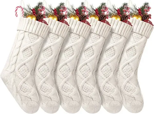 Ekiwen Christmas Stockings, 6 Pack 18 Inches Large Size Cable Knitted Stocking Gifts & Decorations For Family Holiday Xmas Party, Ivory White