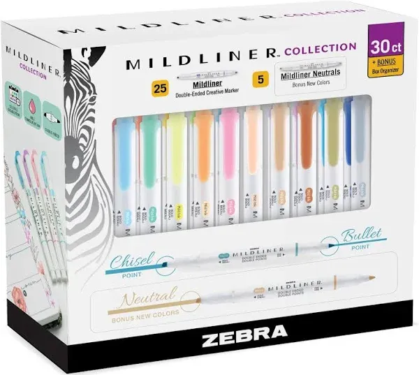 Zebra Pen Mildliner Highlighters, Double Ended Highlighter, Broad and Fine Tips, Pastel and Neutral Colors Midliner Pens, 30 Pack