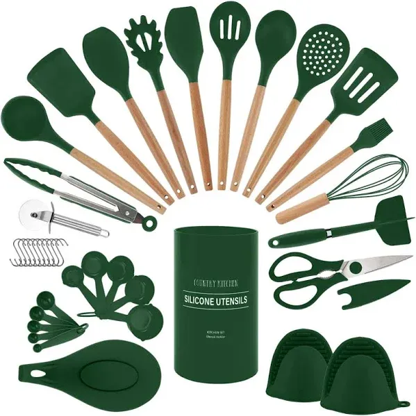 Country Kitchen Non Stick Silicone Utensil Set Handles Cooking and