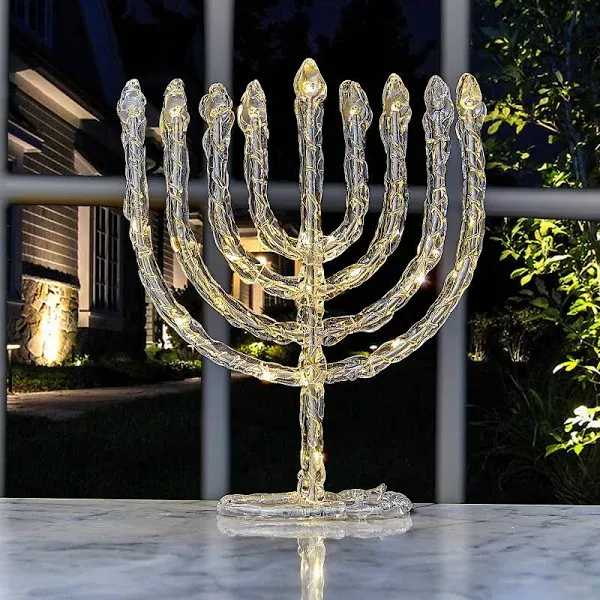 Twinkling Menorah Led Deco,clear Ps,indoor,batt Op, 9",colrbx