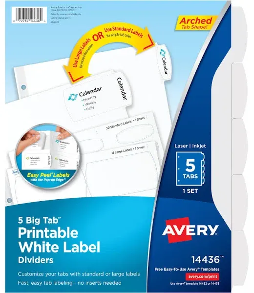 Avery 5- Big Tab Printable White Label Dividers. 2 Sets.  14436 ~ Sealed