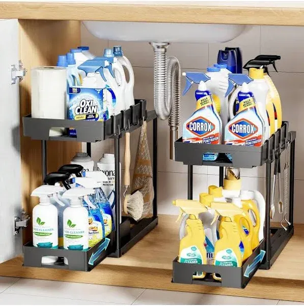 Under Sink Organizer, 2 Pack Pull Out Cabinet Organizers, Slide Sink Steel Shelf