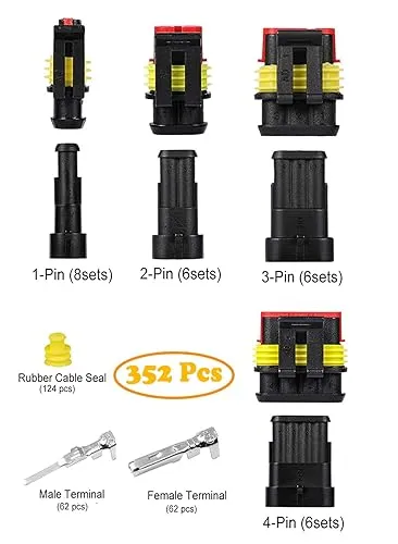 352Pcs Waterproof Car Electrical Connector Terminals Automotive Electrical Wire Connector Plug Kit 1/2/3/4 Pin Connectors Male and Female