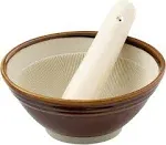 Japanese Mortar and Pestle - Suribachi Set - Wooden Pestle and Mortar for Crushing Sesame Seeds, Garlic and Herbs - Ceramic Mortar Bowl Herb Grinder