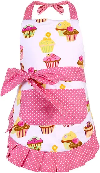 G2PLUS Cotton Aprons, Toddler Apron with Pocket, Cupcake Pattern Apron for Cooking, Baking, Xmas, Gardening (Pink)