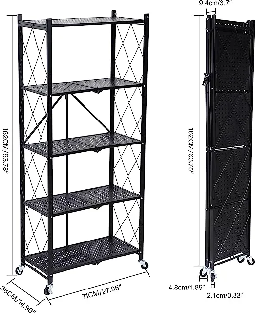 HealSmart Heavy Duty 5-Tier Foldable Metal Rack, 27.95" D x 14.96" W x 63.78" H Storage Shelving Unit 1250 lbs with Wheels Moving Organizer Shelves for Garage Kitchen, Black