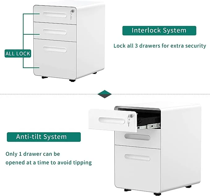 YITAHOME 3-Drawer Rolling File Cabinet, Metal Mobile File Cabinet with Lock, Filing Cabinet Under Desk Fits Legal/A4 Size for Home/Office, Fully