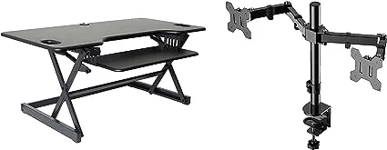 Rocelco 46" Large Height Adjustable Standing Desk Converter with Double Monitor Mount Arm BUNDLE - Quick Sit Stand Up Computer Workstation Riser - Retractable Keyboard Tray - Black (R DADRB-46-DM2)