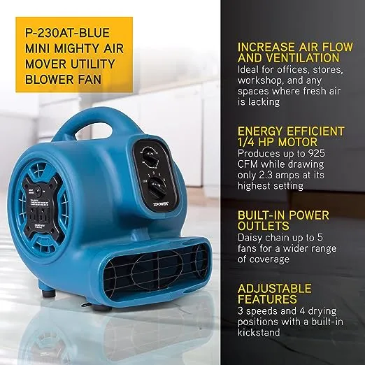 XPOWER P-230AT 1/4 HP 925 CFM 3-Speed Mini Air Mover/Floor Dryer/Utility Blower Fan with Timer and Power Outlets