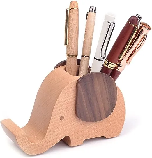 Artinova Elephant Shape Wooden Pen Cup/Pen Holder Desk Organizer with Cell Phone Stand ARTA-0057