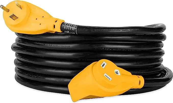 Camco PowerGrip 30-Amp Camper/RV Extension Cord | Features a Durable Heat-Resistant PVC Construction with 10-Gauge Wires and a Flexible Design | Rated for 125 Volts/3750 Watts | 25-Feet (55191)