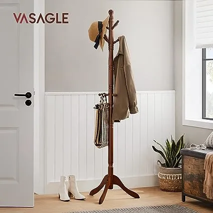 VASAGLE Solid Wood Coat Rack/Stand, Free Standing Hall Coat Tree with 10 Hooks for Hats, Bags, Purses, for Entryway, Hallway, Rubberwood, Dark Walnut URCR03WN