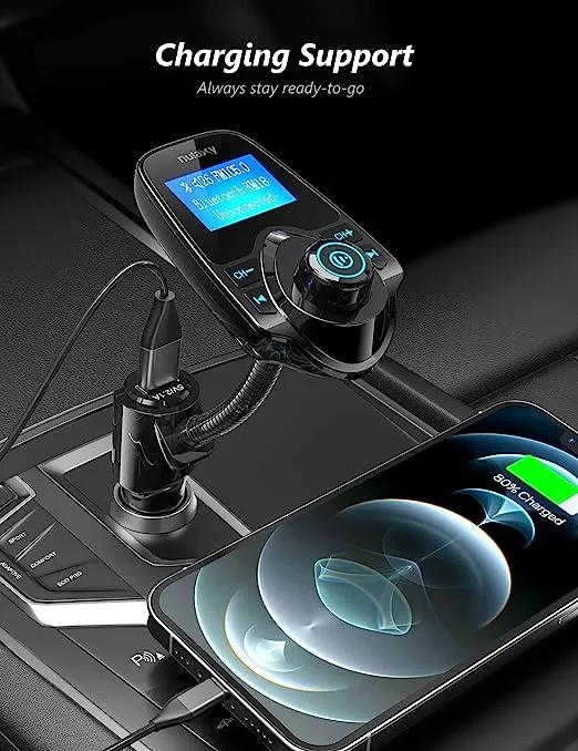 Nulaxy Car Bluetooth FM Transmitter [2024 Upgraded], 1.44" Display Flexible Gooseneck, Handsfree Call Wireless Music Stereo Audio Player Radio Adapter Car Kit USB Phone Charger, TF SD Card AUX-KM18