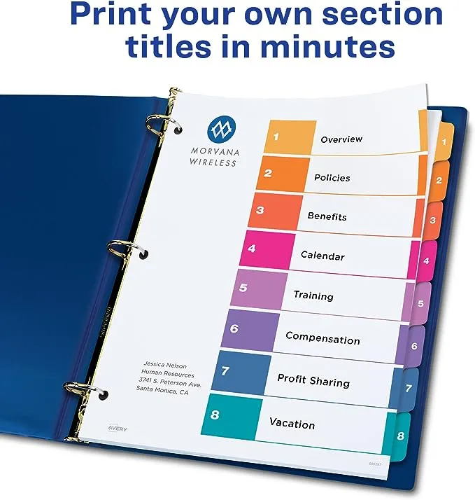 Avery 8-Tab Dividers for 3 Ring Binders, Customizable Table of Contents, Multicolor Tabs, 6 Sets (11186)