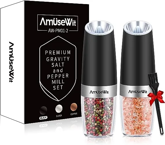 Gravity Electric Salt and Pepper Grinder Set of 2 [White Light] Battery Operated Automatic Salt and Pepper Mills with Light,Adjustable Coarseness,One Handed Operation,Cleaning Brush,Black by AmuseWit