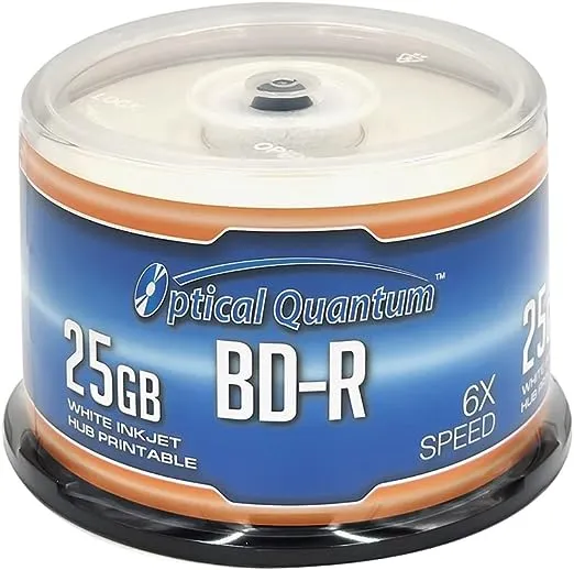 Optical Quantum OQBDR06WIP-H-50 6X 25 GB BD-R White Inkjet Printable Single Layer Blu-Ray Recordable Blank Media, 50-Disc Spindle