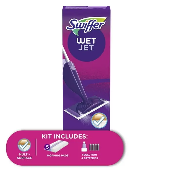 Swiffer WetJet Mop Starter Kit (1 Spray Mop, 5 Mopping Pads, 1 Floor Cleaner Liquid Solution)