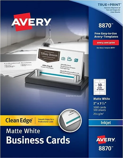 Avery True Print Clean Edge Business Cards, Inkjet, 2 x 3 1/2, White, 1000/Box