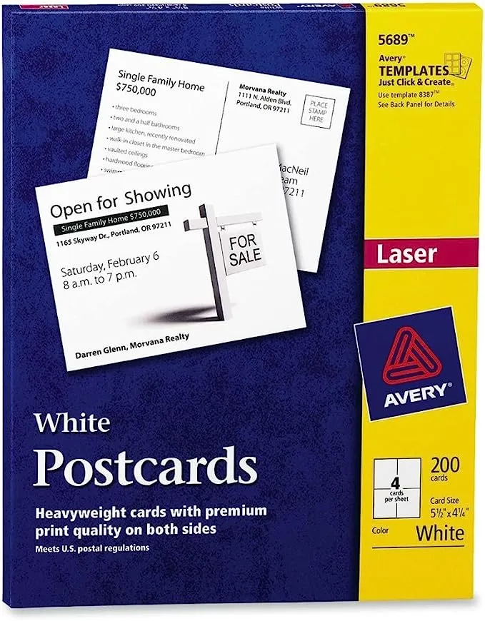 Avery Printable Postcards for Laser Printers, 4.25" x 5.5", 200 Blank Cards -- Great for Recipe Cards and Flashcards (5689)