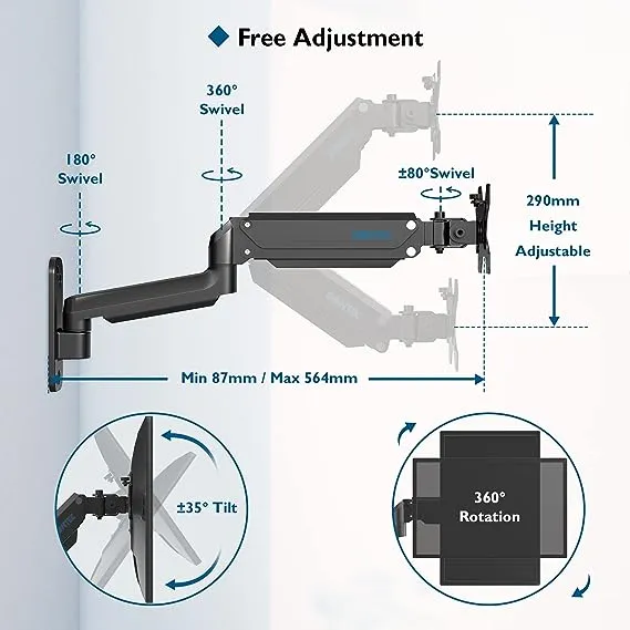 BONTEC Monitor Wall Mount Bracket for 13-27" Screens up to 17.6 lbs, Fully Adjustable Gas Spring Monitor Arm, Ergonomic Height Adjustable, Tilt Swivel & Rotate, VESA 75x75, 100x100 mm