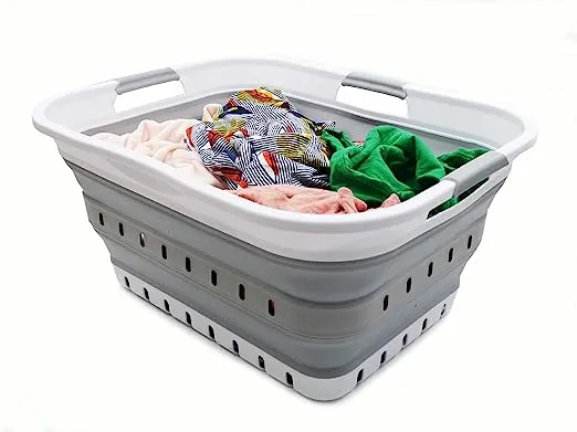 SAMMART 42L (11 gallon) Collapsible Plastic Laundry Basket - Foldable Pop Up Storage Container/Organizer - Space Saving Hamper/Basket (1, White/Dark Grey)