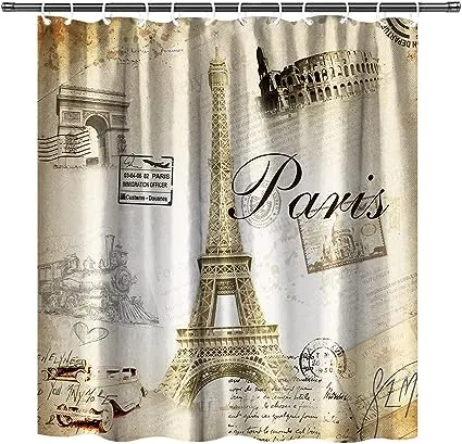 Paris Shower Curtain Eiffel Tower Shower Curtain Love Paris Fabric Bath Curtain Set with Hooks 70X70 Inches (Brown)