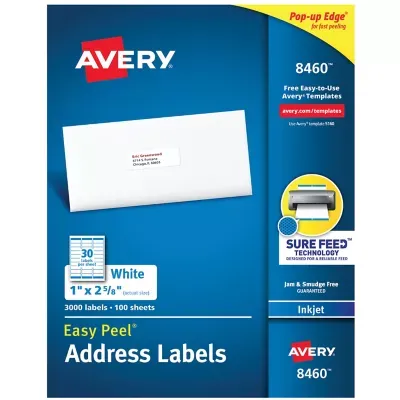 Avery Easy Peel Address Labels, Permanent Adhesive, 1" x 2-5/8", 3,000 Labels (8460)