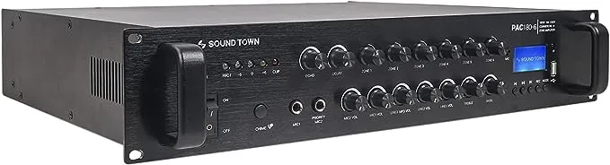 Sound Town 180W 6-Zone 70V/100V Commercial Power Amplifier with Bluetooth, Aluminum, for Restaurants, Lounges, Bars, Pubs, Schools and Warehouses (PAC180-6)