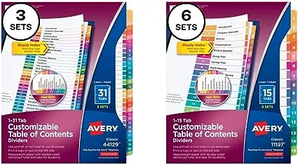 Avery Ready Index Customizable Table of Contents Numeric Paper Dividers, 31-Tab, Multicolor (11129)