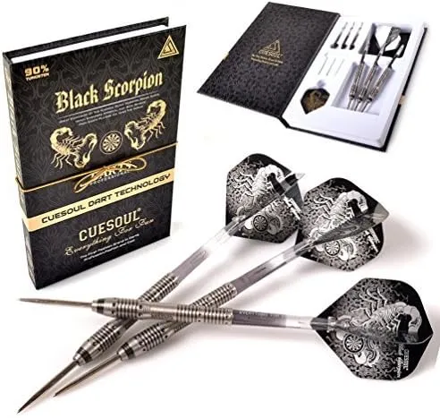 CUESOUL Black Scorpion 22/24/26 Grams Tungsten Steel Tip Dart Set,Barrel with Titanium Coated Finished