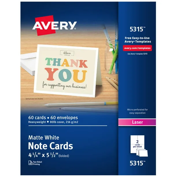 Avery 5315 Laser Notecards, White, 60 pack