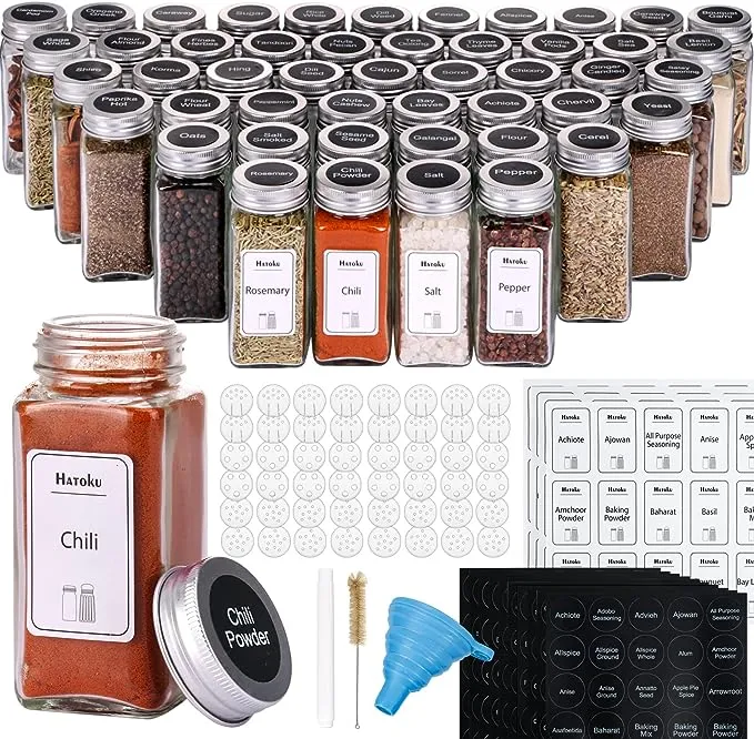 48 Pack Spice Jars with Labels, Glass Spice Jars with Lids and 400 Labels, 4oz Square Seasoning Containers with Shaker Lids and Silicone Collapsible Funnel, Brush