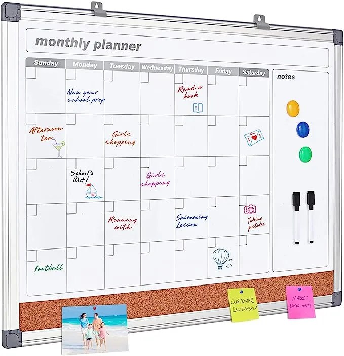 MAKELLO Dry Erase Calendar for Wall 36x24 in, Large Calendar Whiteboard with Cork Board for Office, Home, School, Family, Kitchen and Bedroom, 3' x 2'