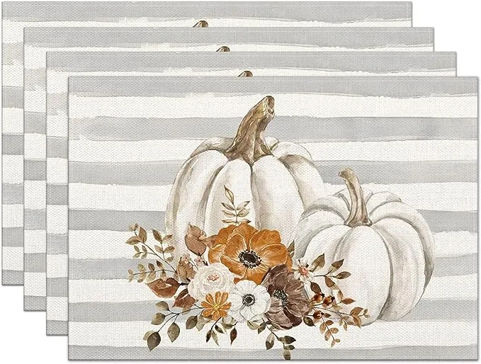 Fall Placemats Set of 4,12x18 Inch Stripes with Pumpkins Flowers Heat-Resistant Place Mats,Seasonal Autumn Table Decors for Farmhouse Kitchen Dining Thanksgiving Holiday Party